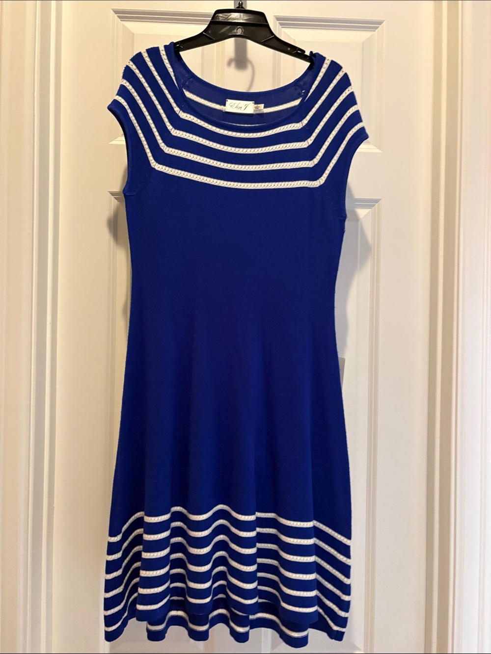 Eliza J Royal Blue Knit Dress with White Stripes- 90% acrylic,